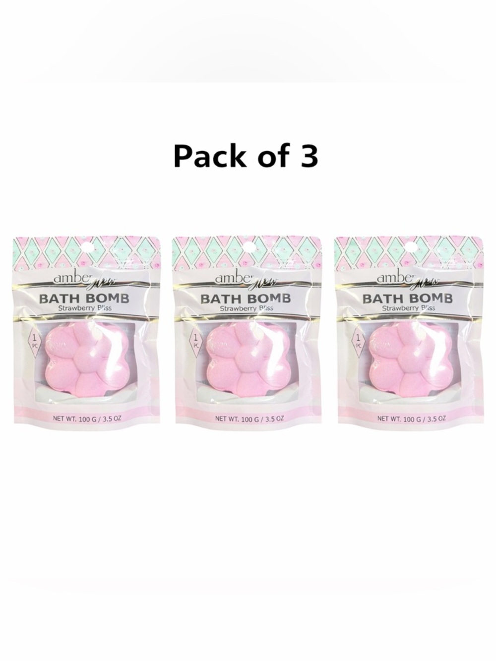 Strawberry Bath Bomb Pack of‎ 3 Amber Glow Spa Set New